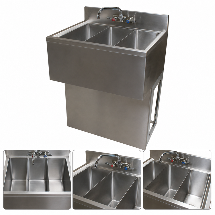Product image #4 for BK Resources Slim-Line 36 Inch Three-Compartment Underbar Sink with Pedestal Base