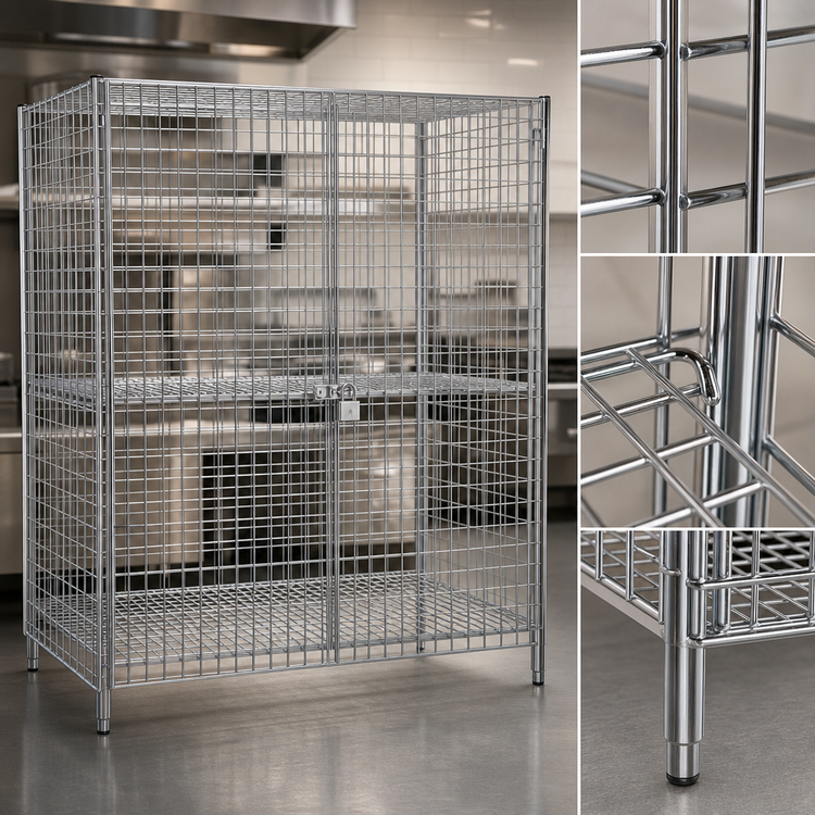 Product image #3 for Serv-Ware 5-Piece Chrome Wire Security Cage Shelving Unit with Lockable Double Doors