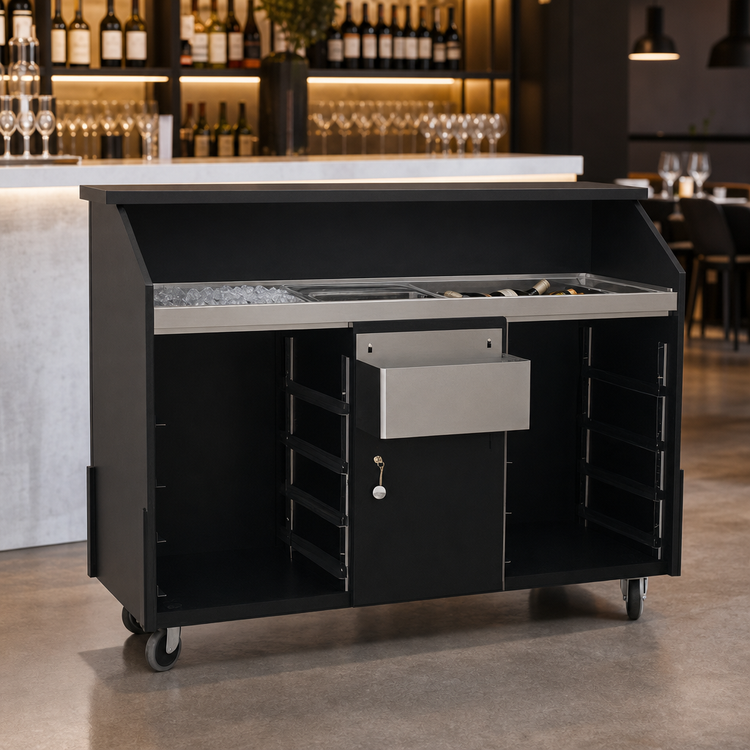 Product image #3 for Deluxe 63-Inch Black Portable Bar with Ice Bin, Two Locking Cabinets, and Dual Speed Rails