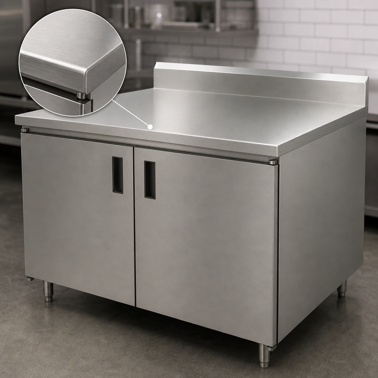Product image #3 for Advance Tabco Special Value Economy Enclosed Work Table Cabinet Base, 96"W x 30"D, 16-Gauge 304 Stainless Steel Top, 5" Backsplash