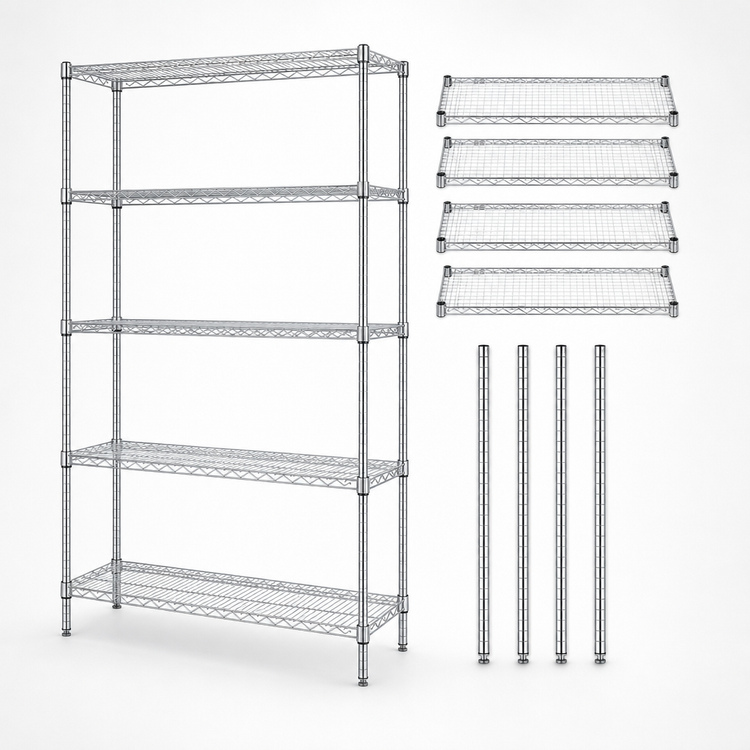 Product image #3 for Quantum 5-Shelf Wire Shelving Starter Kit, 48"W x 12"D x 86"H, Chrome Plated, 600-800 lb. Capacity