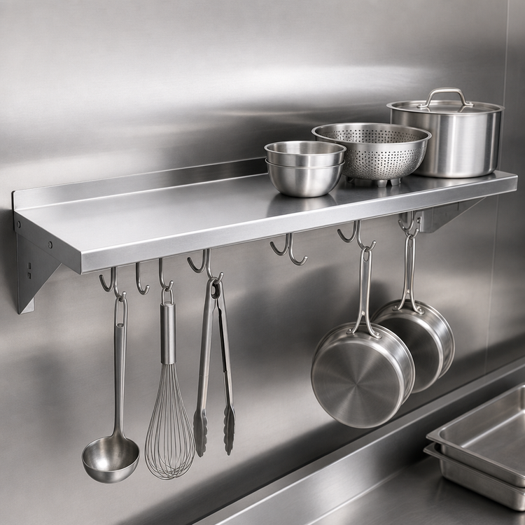 Product image #3 for John Boos Cucina Mensola 36-Inch Wall-Mount Stainless Steel Pot Rack Shelf with Utensil Bar and 4 Hooks
