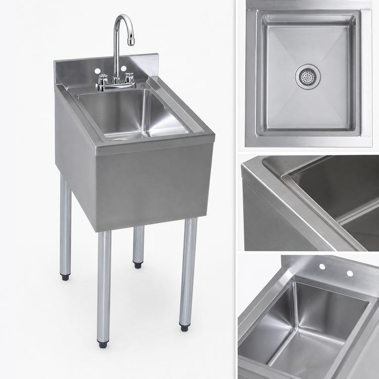 Product image #3 for BK Resources 1-Compartment Underbar Dump Sink with Faucet, 10 x 14 x 6 Bowl, 14-1/2 Inch W x 18-1/4 Inch D x 32-1/2 Inch H