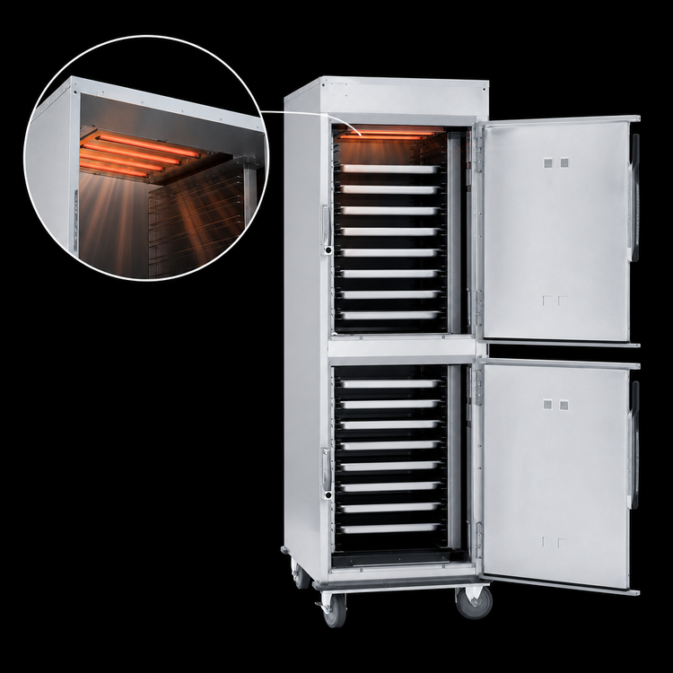 Product image #3 for Cres Cor Mobile 2-Compartment Radiant Heated Holding Cabinet with Top-Mount Heater, Dutch Doors, 16-Pan Capacity