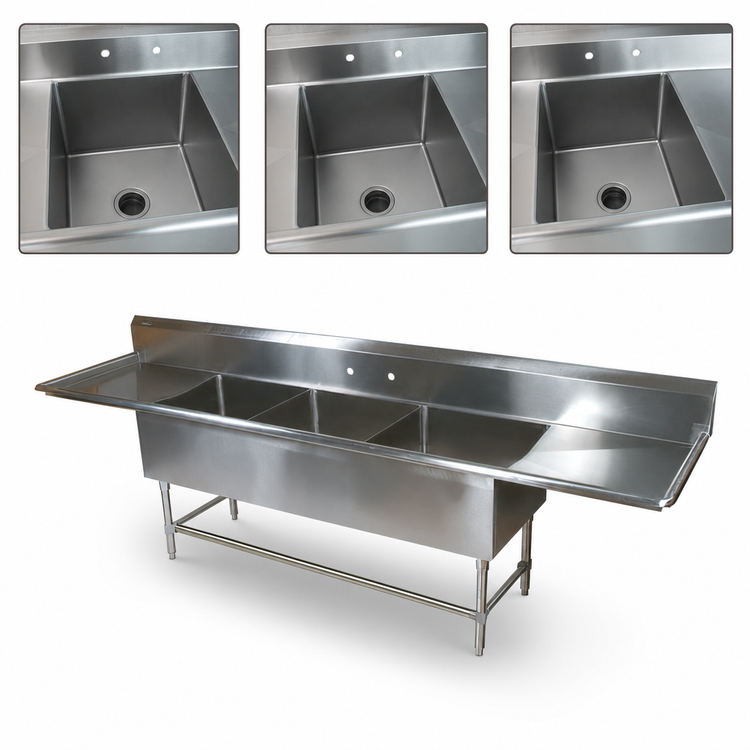 Product image #3 for John Boos Pro-Bowl 3-Compartment Sink with Dual 30-Inch Drainboards, 20 x 20 x 14-Inch Bowls, 16 Gauge Type 300 Stainless Steel