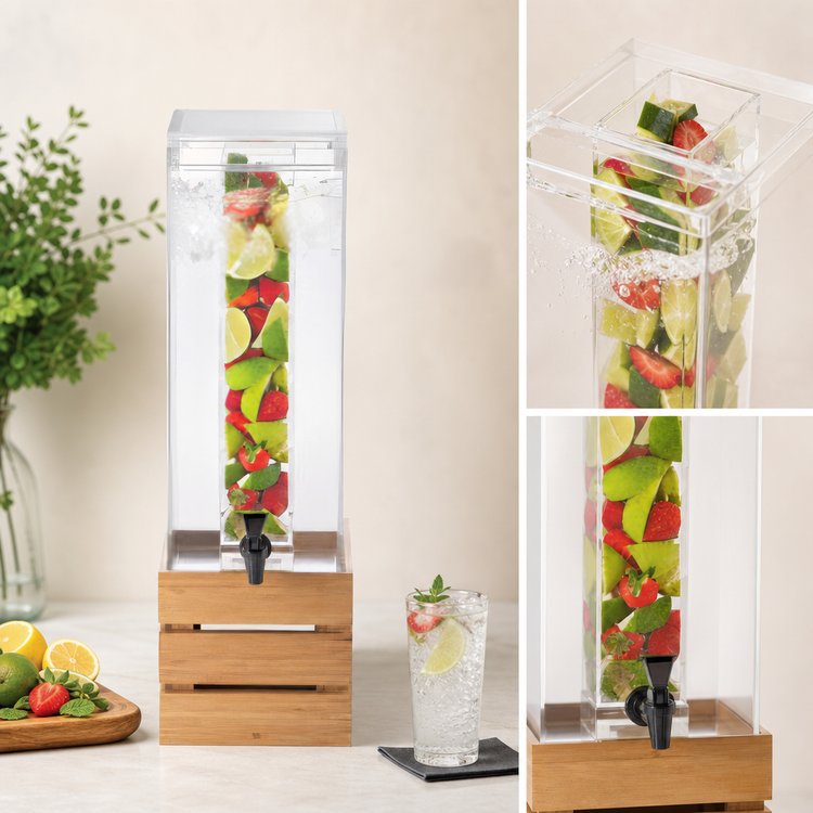 Product image #3 for Cal-Mil Bamboo 3 Gallon Square Acrylic Beverage Dispenser with Infusion Chamber and Bamboo Crate Stand