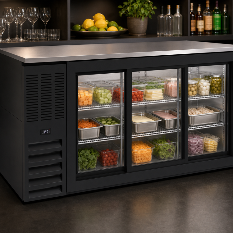 Product image #3 for Beverage-Air 72-Inch Food-Rated Three-Section Back Bar Refrigerator with Sliding Glass Doors
