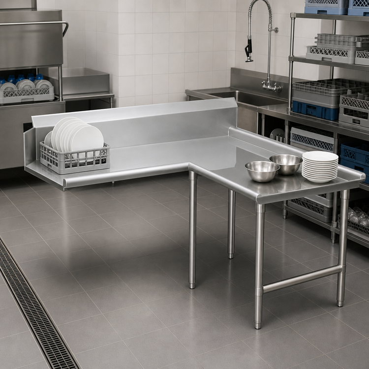 Product image #3 for John Boos Pro-Bowl L-Shaped Island Clean Dishtable, 60" Machine-to-Corner x 120" Corner-to-End, Left-to-Right, 16/300 Stainless Steel