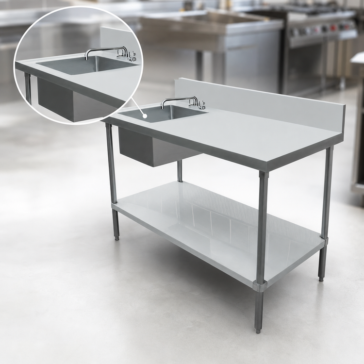 Product image #3 for Omcan 72-Inch Stainless Steel Left-Sink Prep Table with 6-Inch Backsplash and Undershelf