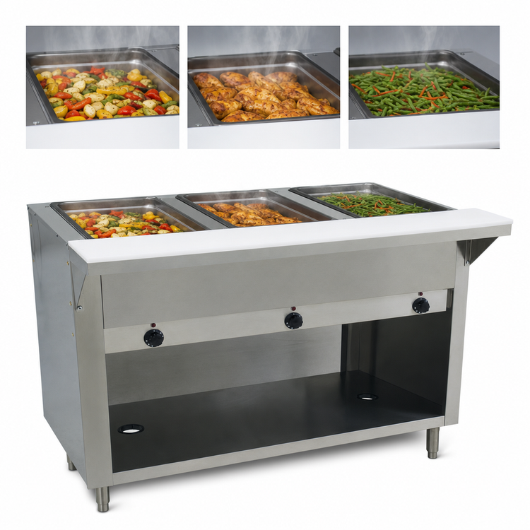 Product image #3 for Advance Tabco Triumph Supreme Electric Hot Food Table with 3 Sealed Wells, Open Cabinet Base and Poly Cutting Board