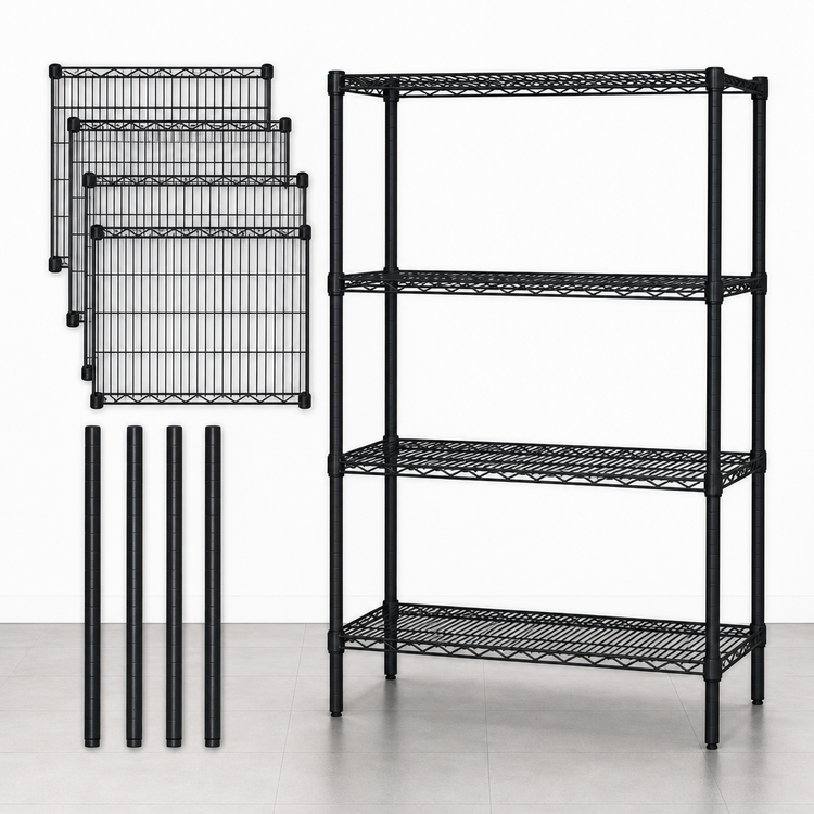 Product image #3 for Quantum Stationary Wire Shelving Starter Kit with 4 Shelves, 24"W x 21"D x 63"H, Black Epoxy Antimicrobial Finish