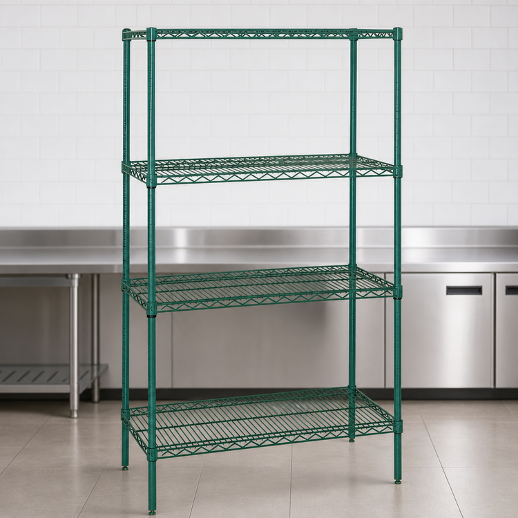 Product image #3 for Quantum Stationary Wire Shelving Starter Kit, 48W x 12D x 86H, 4 Shelves, Green Epoxy Antimicrobial Finish