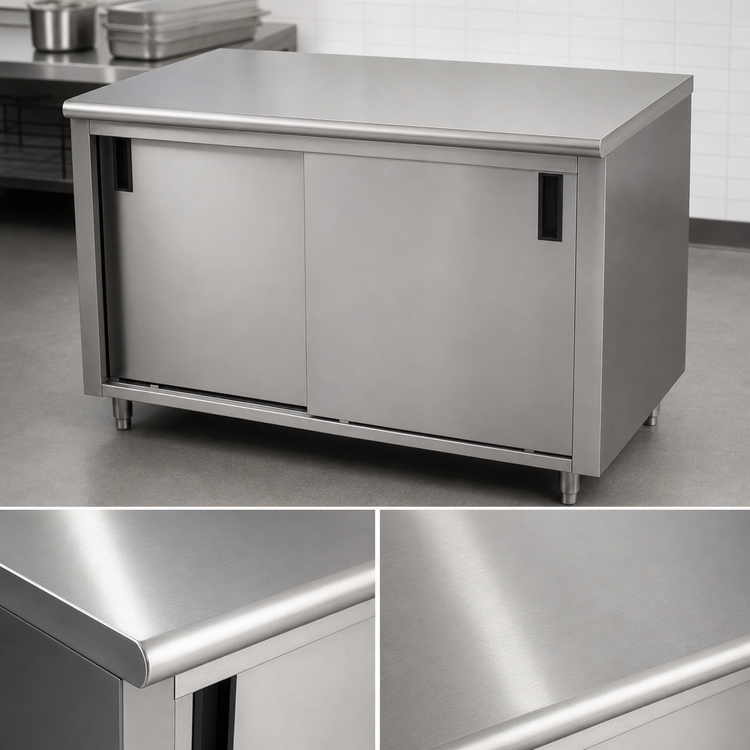 Product image #3 for Advance Tabco Special Value Series Enclosed Work Table with Cabinet Base, Mid-Shelf and Sliding Doors, 108 x 30 Inches, 16-Gauge 304 Stainless Steel Top