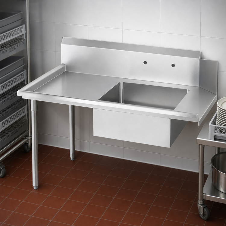 Product image #3 for BK Resources 72-Inch Straight Soiled Dishtable with Left-Hand Sink, 10-Inch Backsplash, 304 Stainless Steel Top, and Galvanized Legs