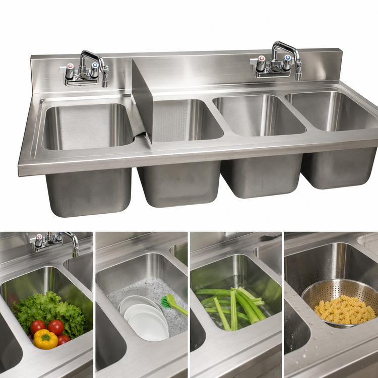 Product image #3 for BK Resources 4-Compartment Drop-In Sink with 5-Inch Riser and 2 Faucets, 48 x 24 Inches