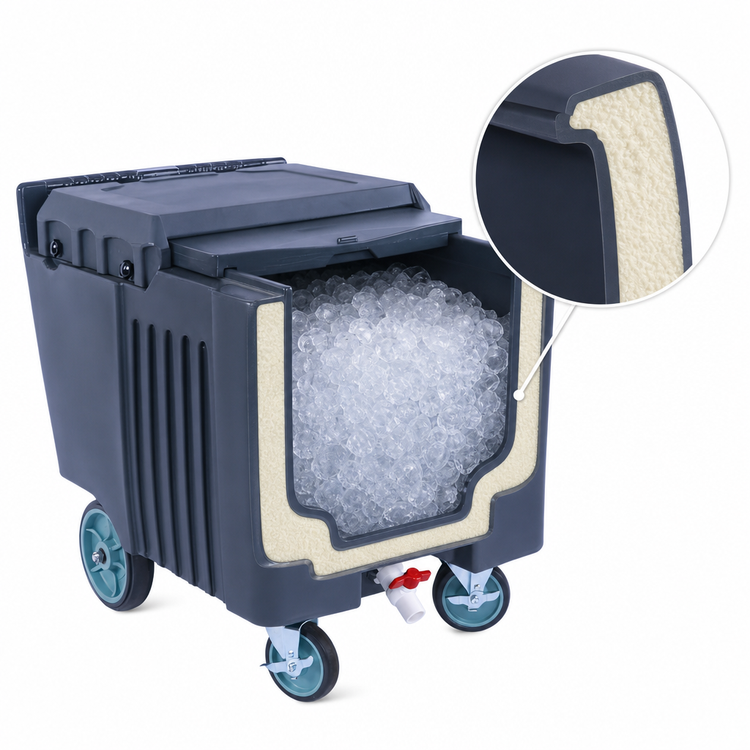 Product image #4 for 125 lb. Insulated Polyethylene Ice Caddy with Sliding Lid, Drain Faucet, and Casters