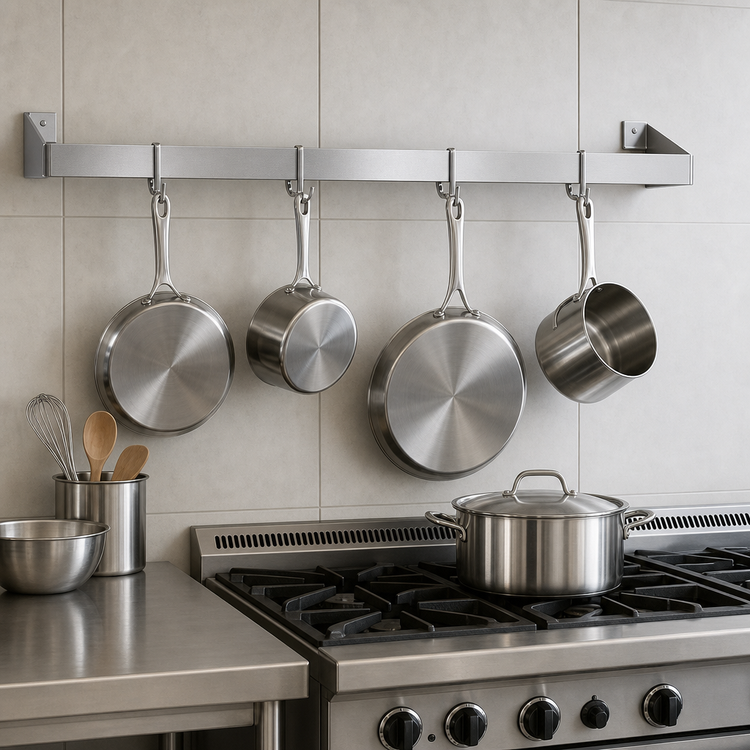Product image #3 for John Boos 48-Inch Wall-Mount Single-Bar Stainless Steel Commercial Pot Rack with 4 Double Hooks