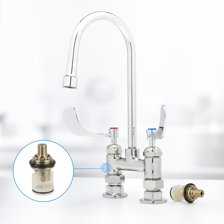 Product image #3 for T&S Brass B-0328-CR-VF05 Double-Handle Deck Mount Mixing Faucet with 6-Inch Gooseneck Spout