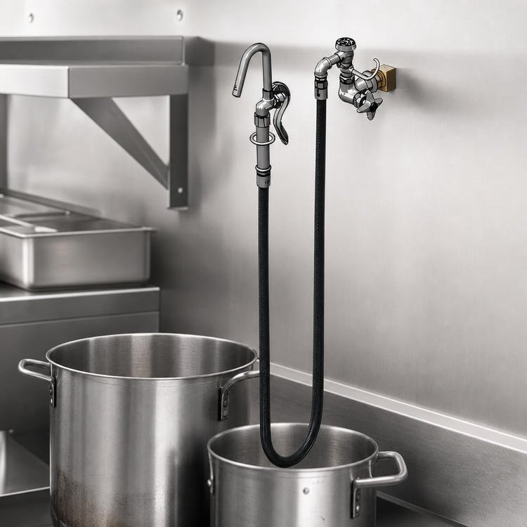 Product image #3 for T&S Brass Wall-Mount Single-Control Pot and Kettle Filler Faucet with 68-Inch Flexible Hose and Hook Nozzle