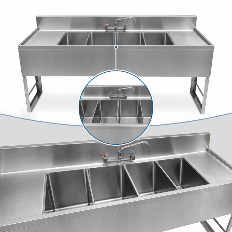 Product image #4 for BK Resources Four-Compartment Underbar Sink with Left and Right Drainboards, 96-Inch Wide, 304 Stainless Steel