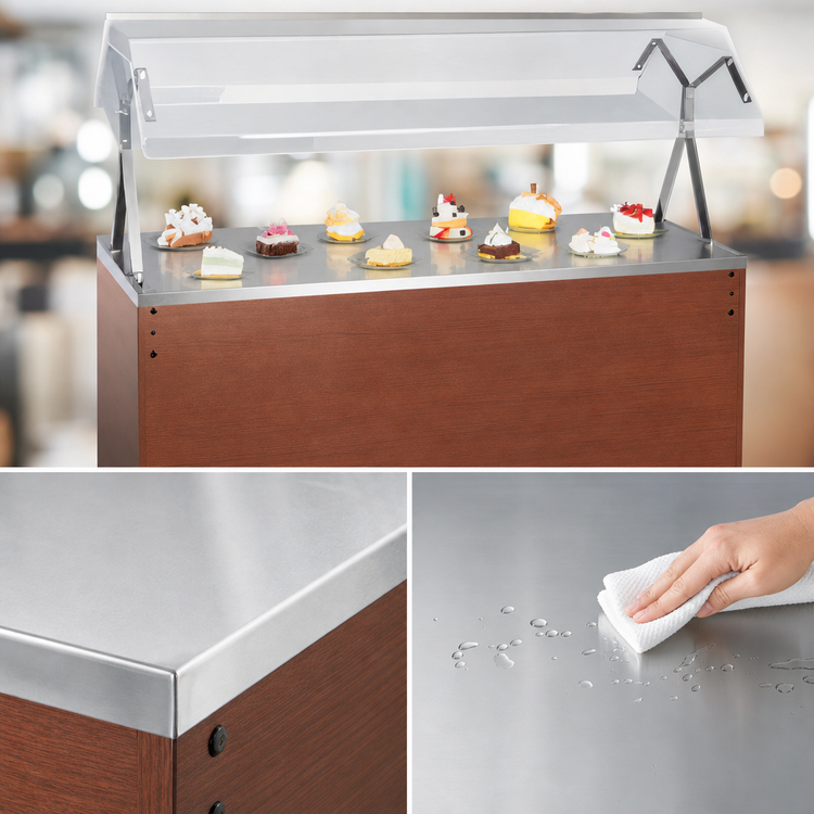 Product image #3 for Vollrath 2-Series Affordable Portable 60-Inch Buffet Utility Station with Open Storage Base, Lights, and Cherry Woodgrain Finish