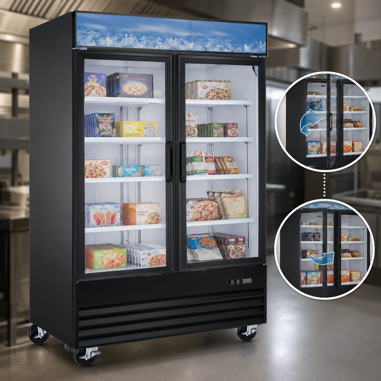 Product image #3 for Omcan 53-Inch Wide Two-Section Glass Door Reach-In Display Freezer, 45 Cu. Ft., Black, Bottom Mount