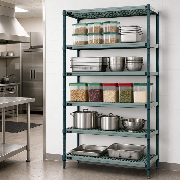 Product image #3 for Quantum 5-Tier Stationary Wire Plastic Mat Shelving Unit, 42W x 24D x 86H, Green Epoxy Antimicrobial
