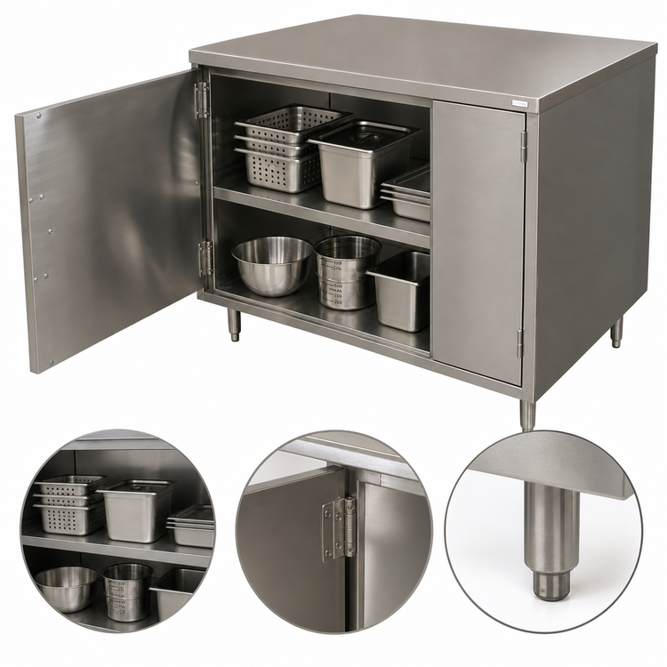 Product image #3 for BK Resources Stainless Steel Chef Table with Cabinet Base and Hinged Doors, 48 x 24 Inches