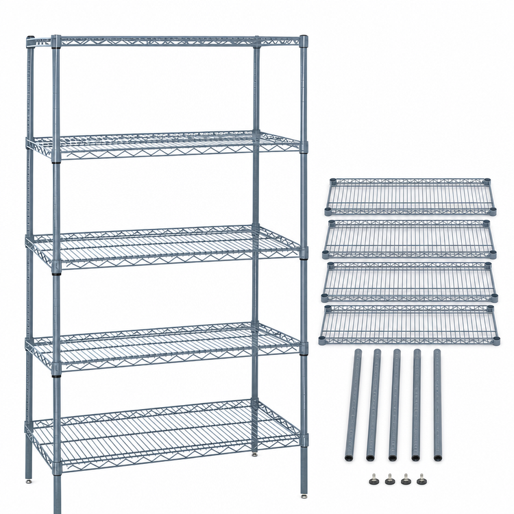 Product image #3 for Quantum Wire Shelving Starter Kit, 60"W x 12"D x 54"H, 5-Shelf, Gray Epoxy