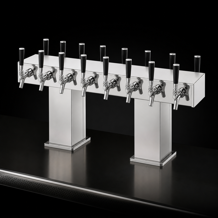 Product image #3 for Perlick Extra-High Back-to-Back Bridge Tee Countertop Glycol-Cooled Draft Beer Tower, 24 Faucets, Polished Chrome