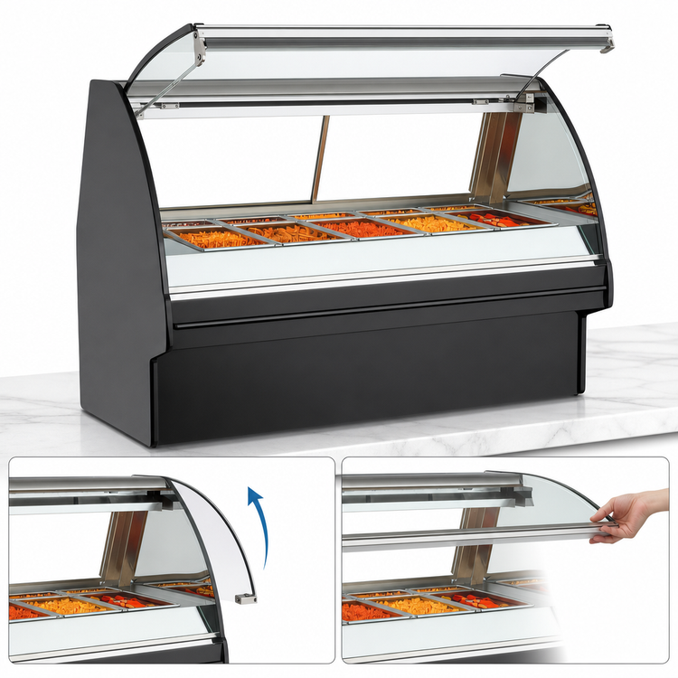 Product image #3 for Fusion® Full-Service Heated Countertop Hot Food Display Case with Curved Lift-Up Front Glass