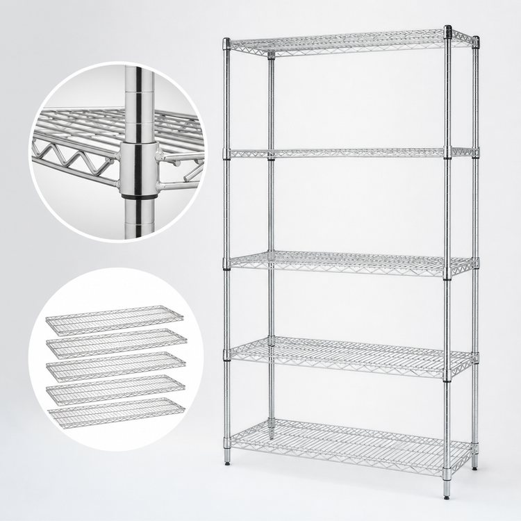 Product image #3 for Quantum Stationary 5-Shelf Wire Shelving Starter Kit, 36" W x 21" D x 74" H, 304 Stainless Steel