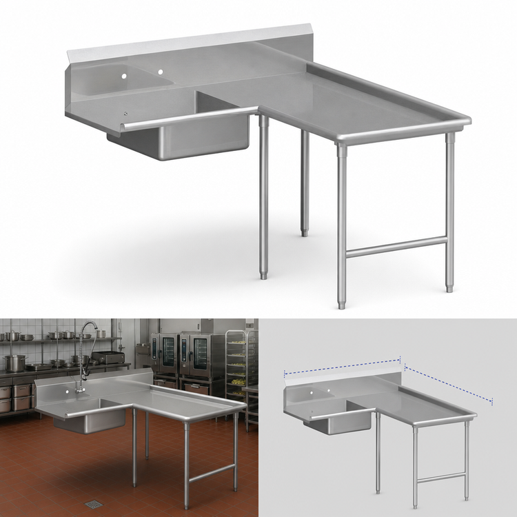 Product image #3 for John Boos Pro-Bowl L-Shaped Island Soiled Dishtable with Pre-Rinse Sink Bowl, 60 In. Machine-to-Corner x 84 In. Corner-to-End, Right-to-Left
