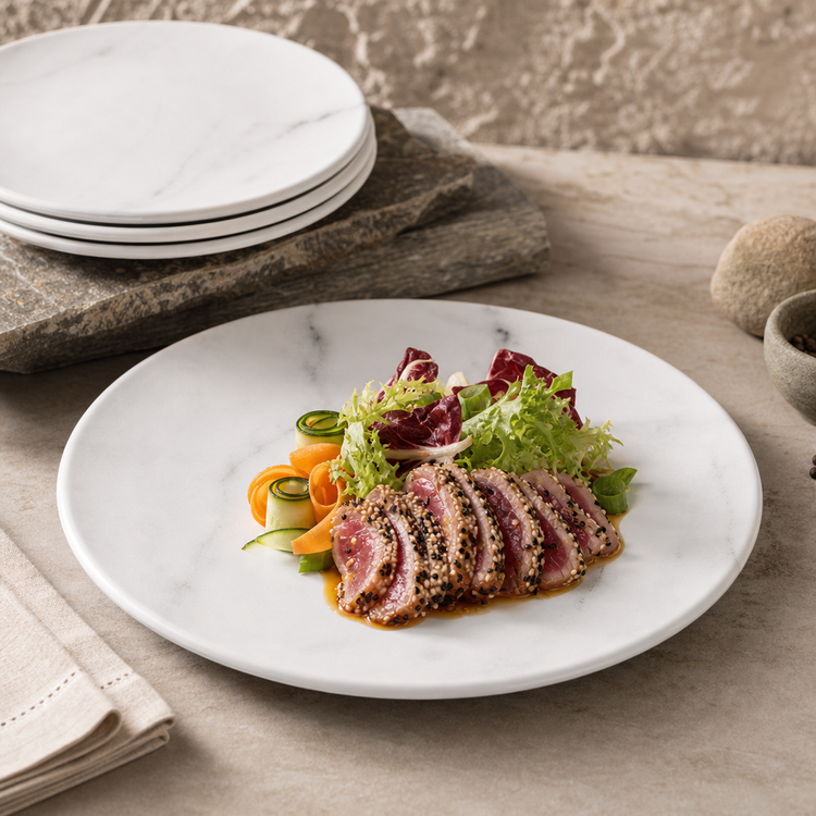 Product image #3 for Ridge 10-1/2 Inch Free-Form Melamine Dinner Plate, White Marble, Matte Finish