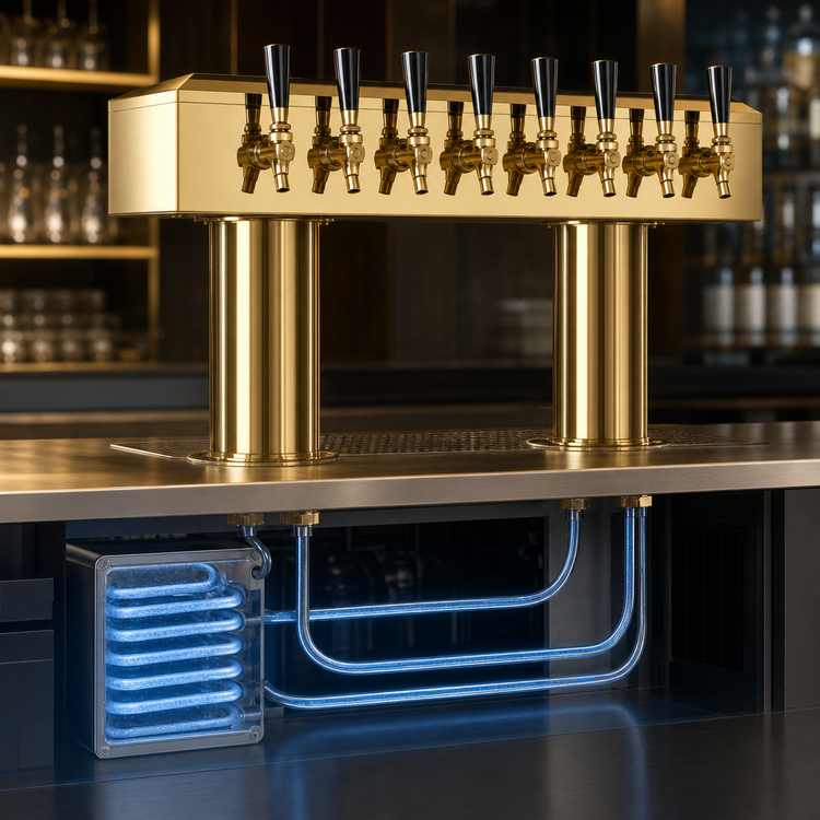 Product image #3 for Double Pedestal Countertop Glycol-Cooled Draft Beer Tower with 8 Faucets and PVD Brass Finish