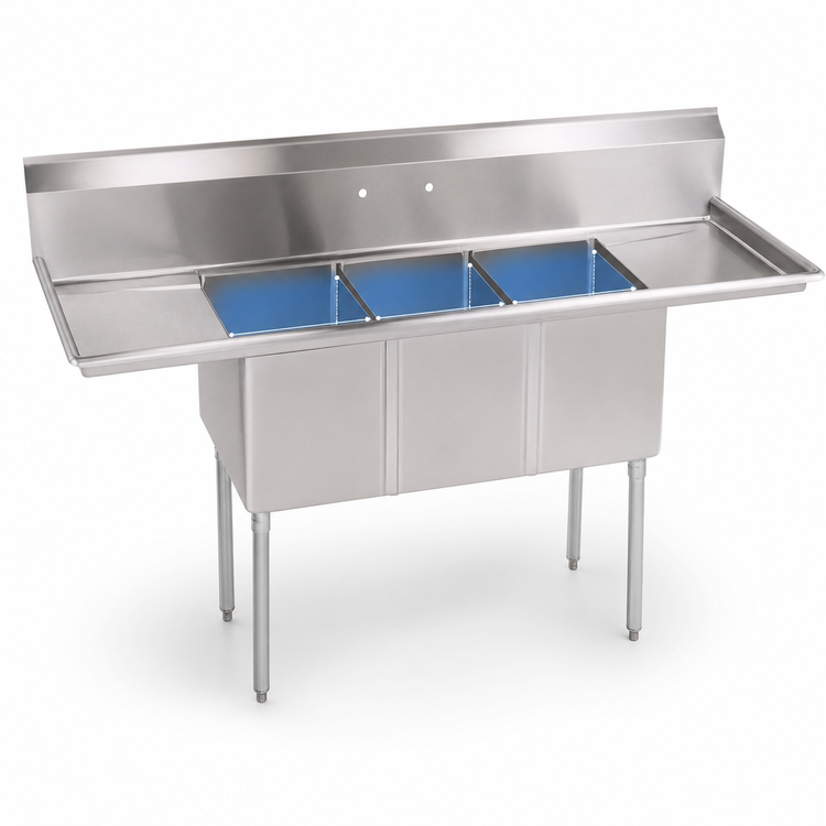 Product image #3 for John Boos E-Series 3-Compartment Stainless Steel Sink with Left & Right Drainboards, 60 x 19-1/2 x 43-3/4 Inches