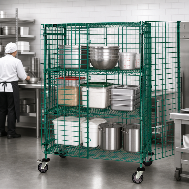 Product image #3 for Quantum Mobile Security Cage Unit, 60W x 21D x 69H, Green Epoxy, 2 Intermediate Shelves