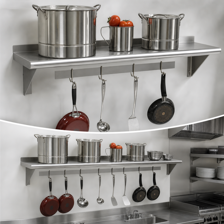 Product image #3 for Advance Tabco PS-15-144 Wall-Mounted Stainless Steel Shelf with Pot Rack, 144" W x 15" D
