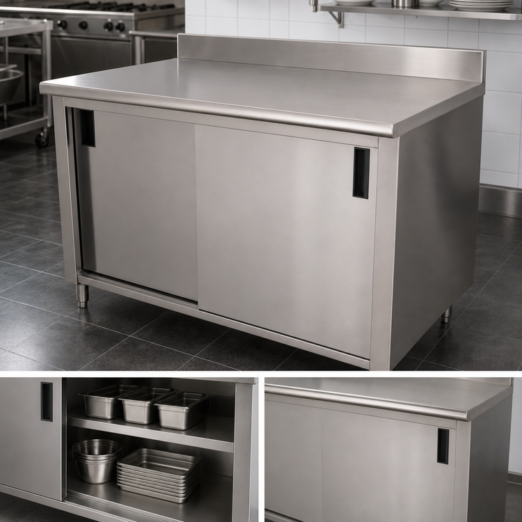 Product image #3 for Advance Tabco Special Value Series 72-Inch x 24-Inch Enclosed Work Table with Cabinet Base, Mid-Shelf, Sliding Doors, 16-Gauge 304 Stainless Steel Top, and 5-Inch Backsplash