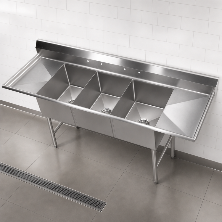 Product image #3 for Elite Three-Compartment Stainless Steel Sink with Double Drainboards, 102 x 31-1/2 x 41 Inches
