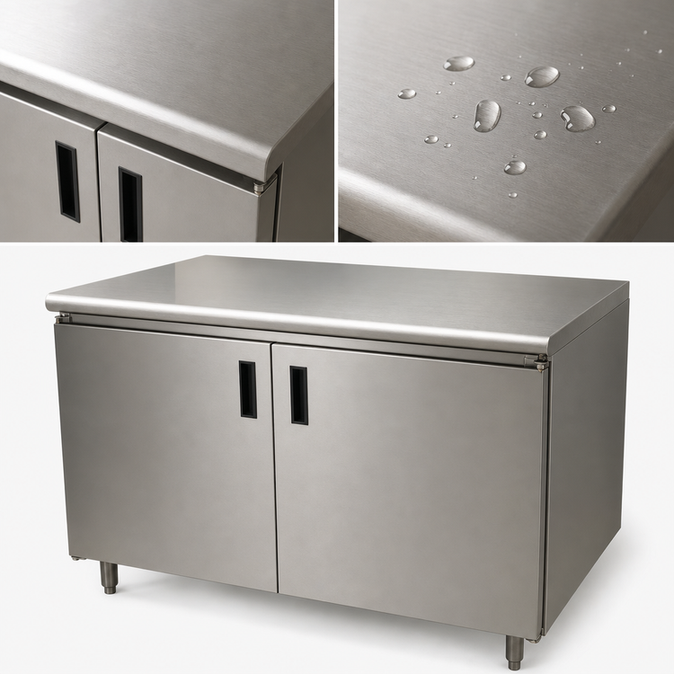 Product image #3 for Advance Tabco Special Value Economy Enclosed Work Table with Cabinet Base and Hinged Doors, 60 x 30 Inches, 16 Gauge 304 Stainless Steel Top