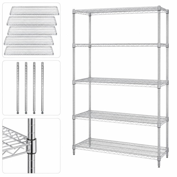 Product image #3 for Quantum 36"W x 12"D x 63"H Wire Shelving Starter Kit, 5 Shelves, Chrome Plated