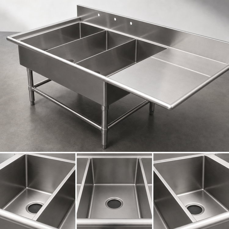Product image #3 for John Boos Pro-Bowl 3-Compartment Platter Sink with Right Drainboard, 16-Gauge 300 Series Stainless Steel