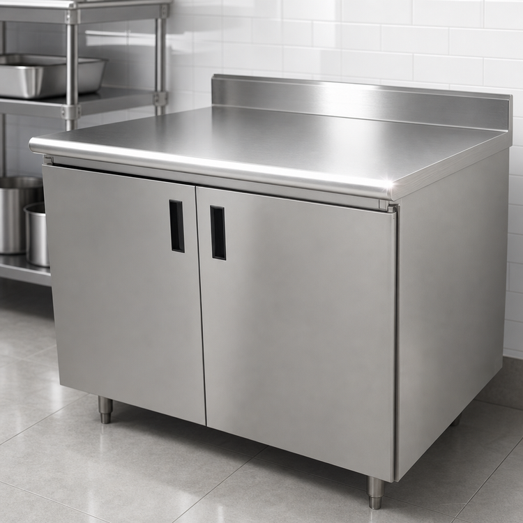 Product image #3 for Advance Tabco Special Value Economy Enclosed Work Table with Sliding Door Cabinet Base, 120 x 24 Inches, 16 Gauge 304 Stainless Steel Top