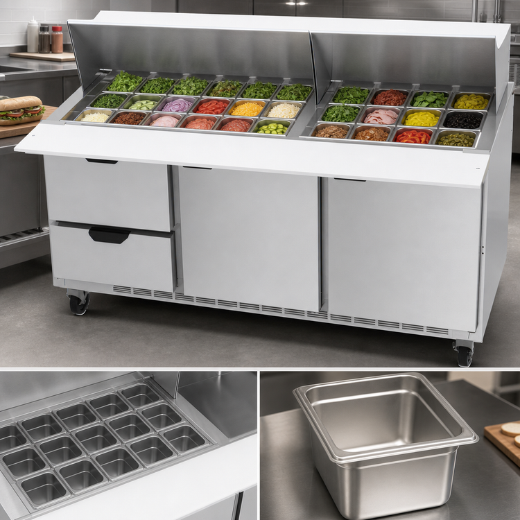 Product image #4 for Beverage-Air SPED72HC-30M-2 Mega Top Sandwich Prep Table with 30-Pan Top, 2 Doors, 2 Drawers