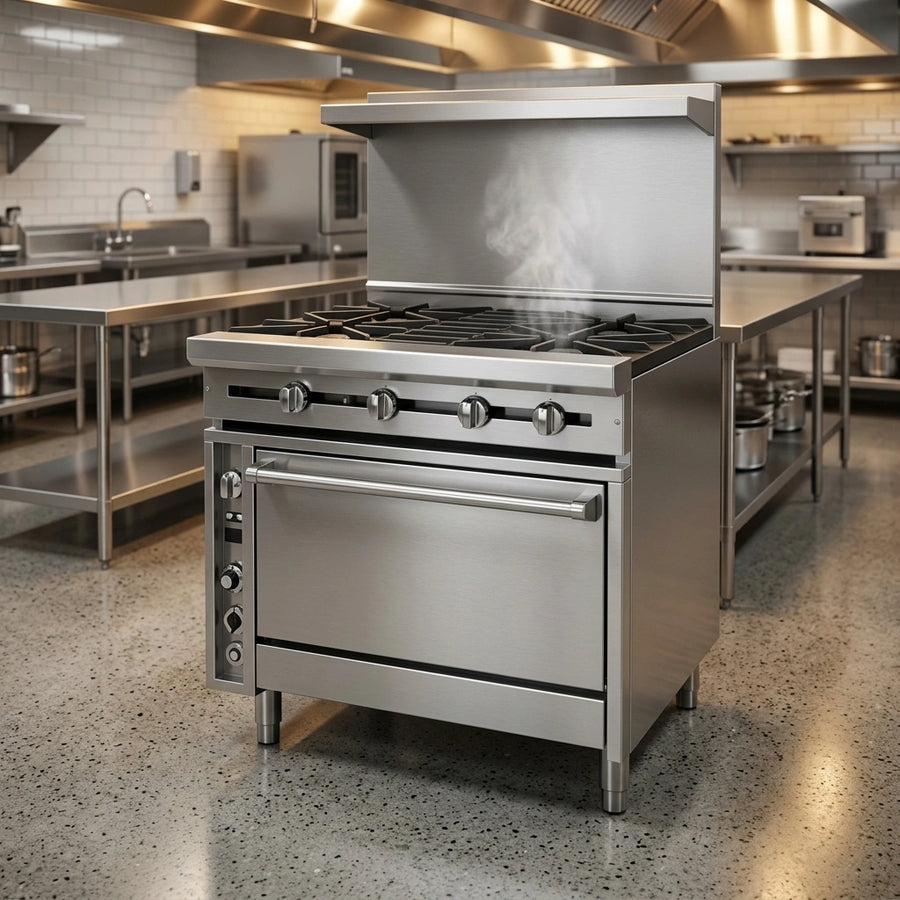 This image highlights the robust, heavy-duty stainless steel construction and sturdy design of the 36-inch commercial gas range, built to endure the demands of any busy kitchen.