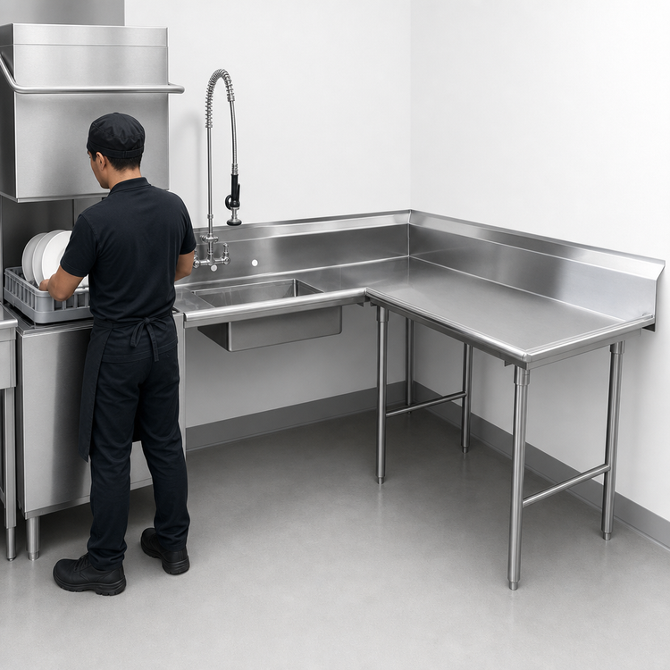 Product image #3 for Advance Tabco Korner-Soil L-Shaped Right-Hand Dish Table with 8-Inch Pre-Rinse Sink, 59-Inch, 14-Gauge 304 Stainless Steel
