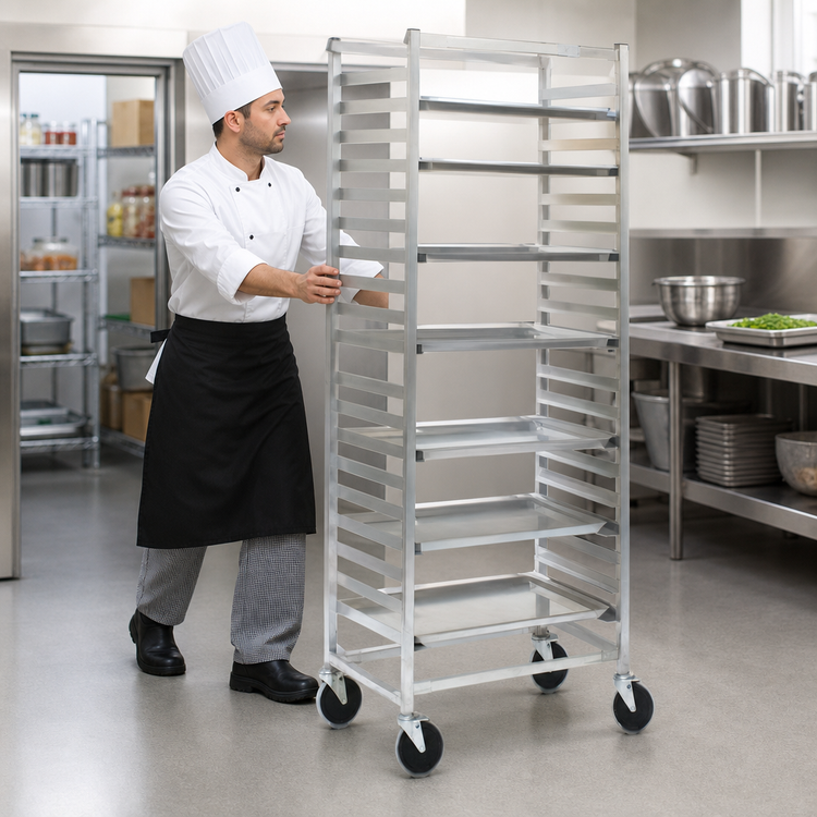 Product image #3 for Panco Mobile Full-Height Stainless Steel Utility Rack with 11 Slides for 18 x 26 Inch Trays, Open Sides, Side Loading