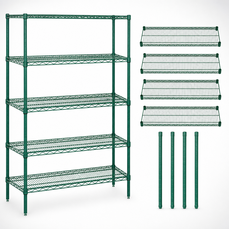 Product image #3 for Quantum 72 Inch Wide x 30 Inch Deep x 86 Inch High Stationary Wire Shelving Starter Kit with 5 Shelves and 4 Posts, Green Epoxy Antimicrobial Finish