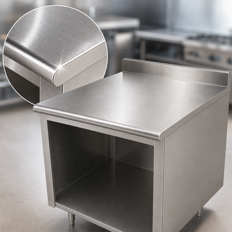 Product image #3 for Advance Tabco 48" x 30" 14-Gauge 304 Stainless Steel Work Table with Open Front Cabinet Base and 5" Backsplash